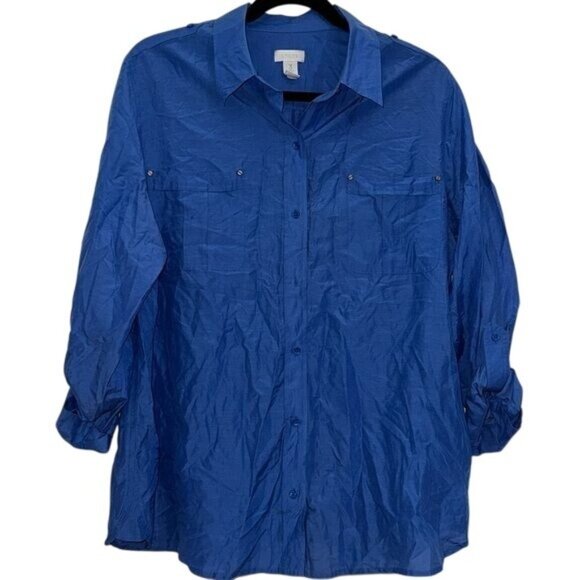 Chicos Womens Blue Button-Down Shirt Size 3 Cotton Blend Long Sleeve Roll Tab Ca - Picture 1 of 9